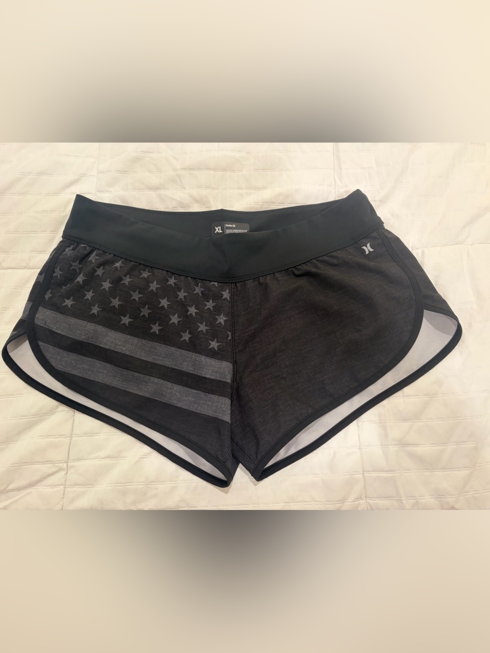 Hurley Black Women's Athletic Shorts with Subtle Flag Graphic